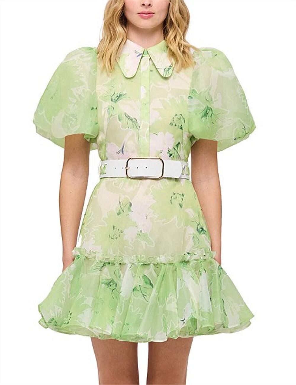 NWT Leo Lin Sophie Jasmine Bishop Sleeve Belted Mini Dress Green AUS 8 / US 4